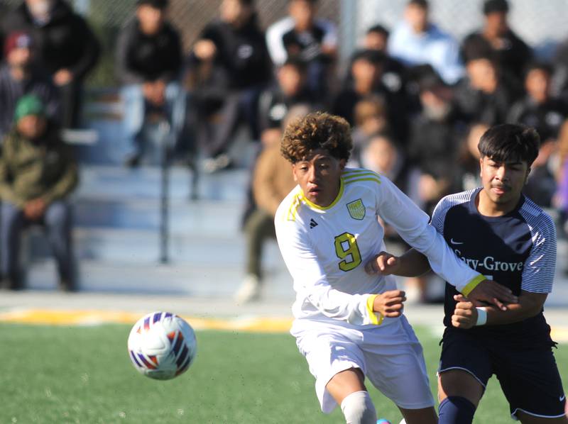 Cary-Grove’s  Gerardo Garcia, right, battles Harvard’s Bryan Gorostieta for the ball in IHSA Class 2A Regional Title Game soccer action on Saturday, Oct. 26, 2024, at  Harvard Junior High School  in Harvard.