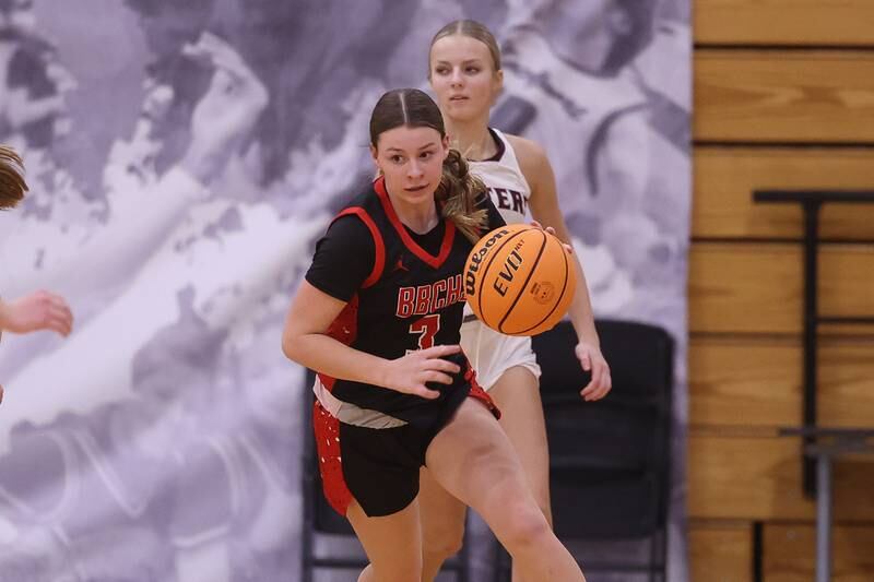 Bradley-Bourbonnais’ Elise Munsterman takes the rebound upcourt against Lockport on Thursday, Jan 16, 2025 in Lockport.