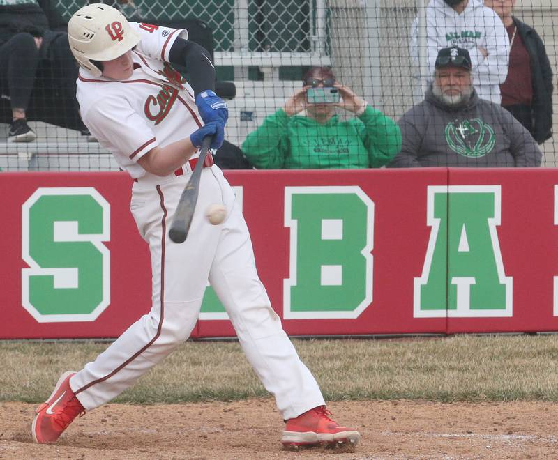 L-P's Jacob Gross smacks a hit against Alleman on Tuesday, March 12, 2024 at the L-P Athletic Complex in La Salle.
