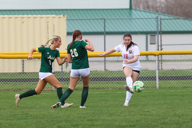 Bradley-Bourbonnais' Kendi Andrews-Earling clears the ball as Bishop McNamara's Ellen Ehrman and Tatum Smith approach during the Boilermakers' 9-1 win over Bishop McNamara in All-City play on Tuesday, March 31, 2026.