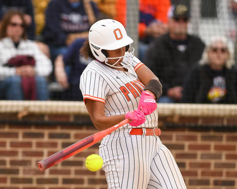 Oswego's Ahlivia East (8) gets a base hit during the regional final game against Benet Academy on Friday May 22, 2026, held at Oswego High School.
