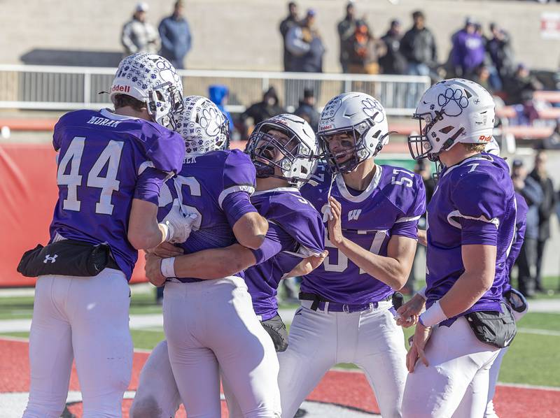 Wilmington celebrates a TD against Maroa-Forsyth Friday, Nov. 28, 2025, in the Class 2A football finals at Hancock Stadium at ISU.