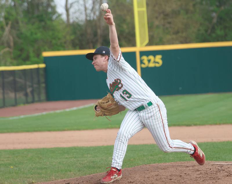 L-P pitcher Tyler Spelich lets go of a throw to Morris on Friday, April 17, 2026 at Huby Sarver Field in the L-P Athletic Complex in La Salle.