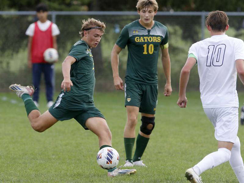 Crystal Lake South's Nicholas Prus takes a shot on goal during a Fox Valley Conference soccer match against Huntley on Thursday, Sept. 28, 2023, at Crystal Lake South High School.
