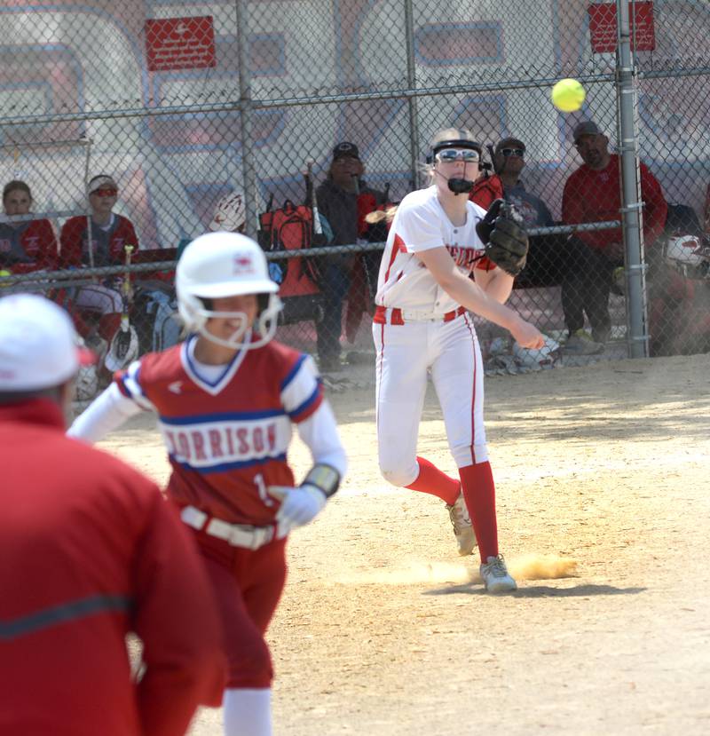 Oregon's Isabelle Berg throws to first after Morrison's Kaylee Pruis laid down a bunt on Saturday, May 17, 2025 at Oregon Park West.