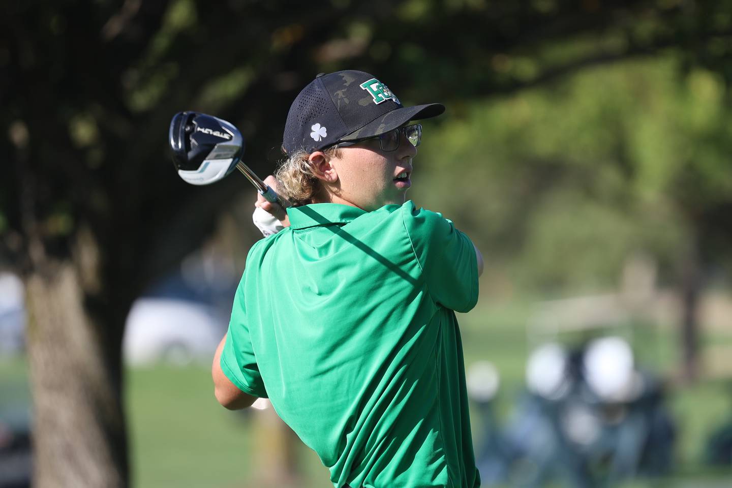 Providence’s Tyler Mott tees off the hole 1 in the Class 2A Lemont Golf Sectional at Wedgewood Golf Course in Plainfield on Monday, Oct. 2, 2023.