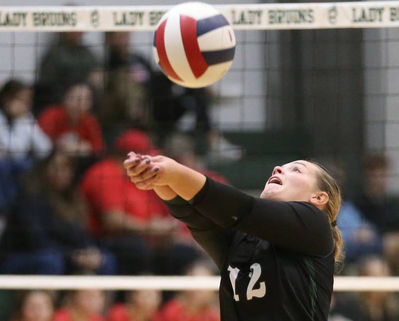 St. Bede's Sadie Koehler sends the ball toward the net against Henry-Senachwine during the Class 1A Regional final game on Thursday, Oct. 31, 2024 at St. Bede Academy.