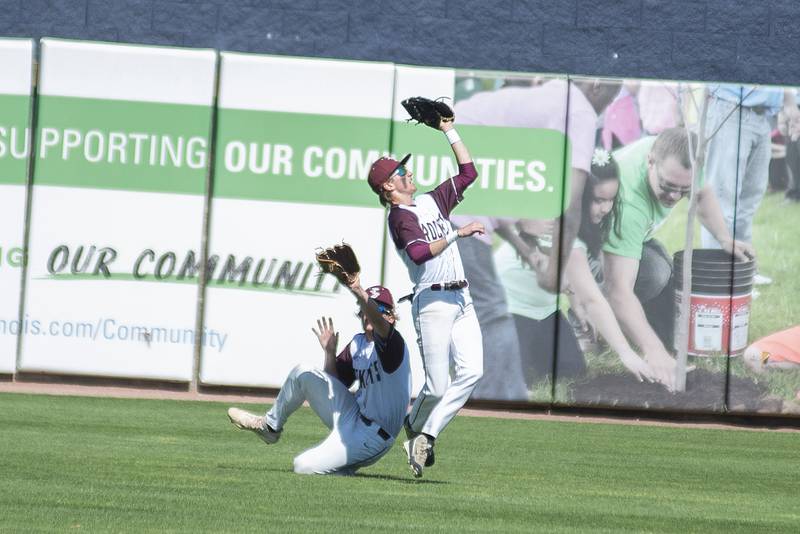 Richmond-Burton’s Ethan Schoeps makes a catch against Maroa-Forsyth Friday, June 3, 2022 during the IHSA Class 2A baseball state semifinal.