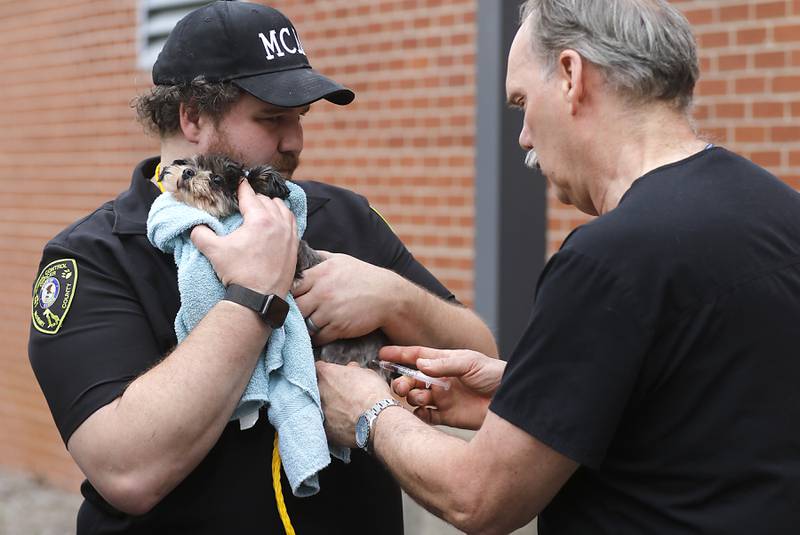 Veterinarian Peter Kennedy gives a dog a rabies shot and Jason Enos holds the dog during a rabies vaccine event on Tuesday, April 16, 2024, at the McHenry County Animal Control and Adoption Center, in Crystal Lake. Two more low-cost rabies vaccination clinics will be offered on May 14th, and May 21st. The clinics are by appointment only, and registration is available online at bit.ly/MCAC-clinics.