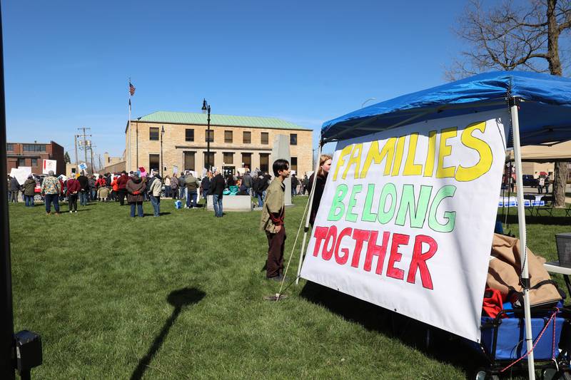 Protesters participate in the No Kings rally at the Kankakee County Courthouse on March 28, 2026.