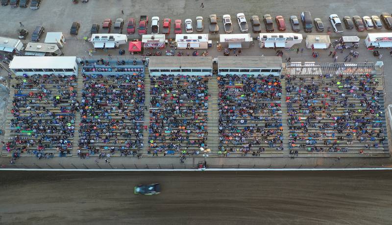 Thousands of spectators fill the grandstand during the season opening race on Tuesday, May 6, 2025 at La Salle Speedway.