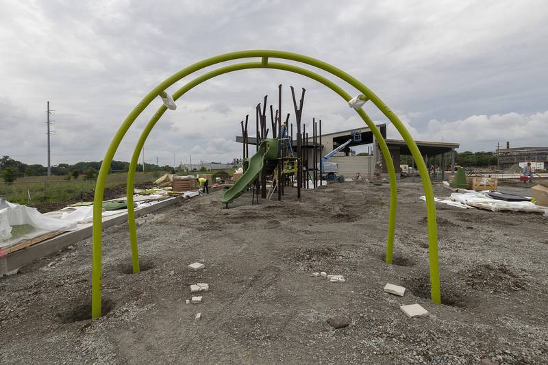 Pieces of the new playground are being installed Tuesday, July 8, 2025, at Sterling’s riverfront park. Workers are hoping to have the installation complete by the end of the week.