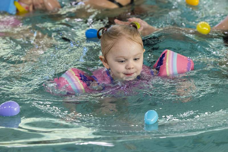Hadleigh Holloway, 3, of Rock Falls eyes an egg Friday, April 11, 2025, during the Sterling-Rock Falls YMCA Easter Egg Hunt. Kids up to age 9 had a chance to take a dip and snatch the floating eggs.