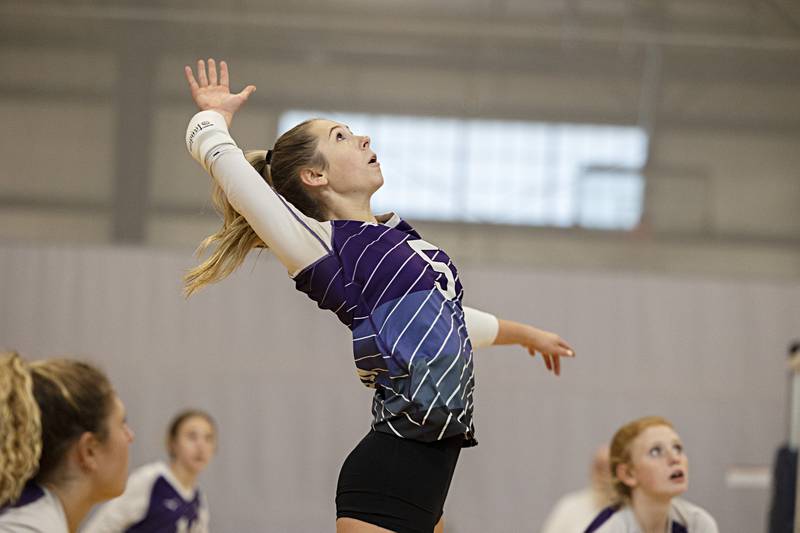 Dixon’s Morgan Hargrave loads up for the hit against Pecatonica at the Sterling Volleyball Invitational Saturday, Sept. 30, 2023 held at Challand Middle School.