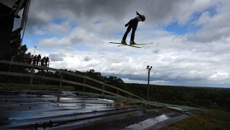 A ski jumper soars Sunday after taking off from the 70-meter hill Sunday, Sept. 25, 2022, during the Norge Ski Club's annual Fall Ski Jumping Competition in Fox River Grove.