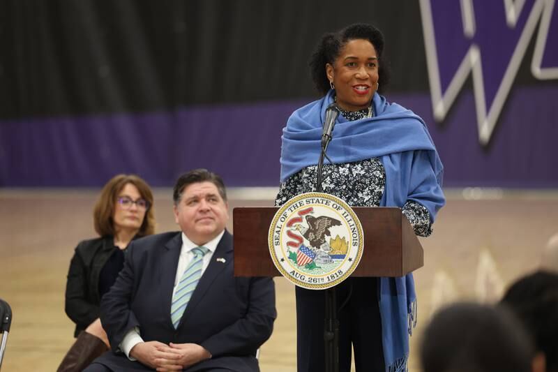 State Senator Meg Loughran Cappel (left) and Governor JB Pritzker listen to Lieutenant Governor Juliana Stratton at a press conference regarding the state’s proposed investment in higher education at Joliet Junior College on Thursday, March 16th, 2023.