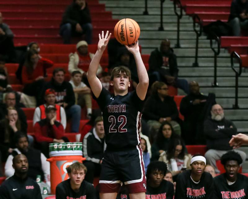 Plainfield North's Samuel Finn (22) shoots a jumper during their basketball game between Plainfield North at Bolingbrook, Friday Dec 13, 2024 in Bolingbrook.