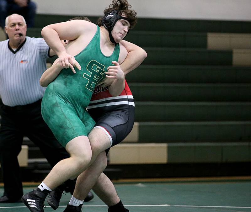St. Bede's Mike Shaw wrestles Orion's Noah Parr in the 185 weight class during a triangular meet on Wednesday, Jan. 18, 2023 at St. Bede Academy.