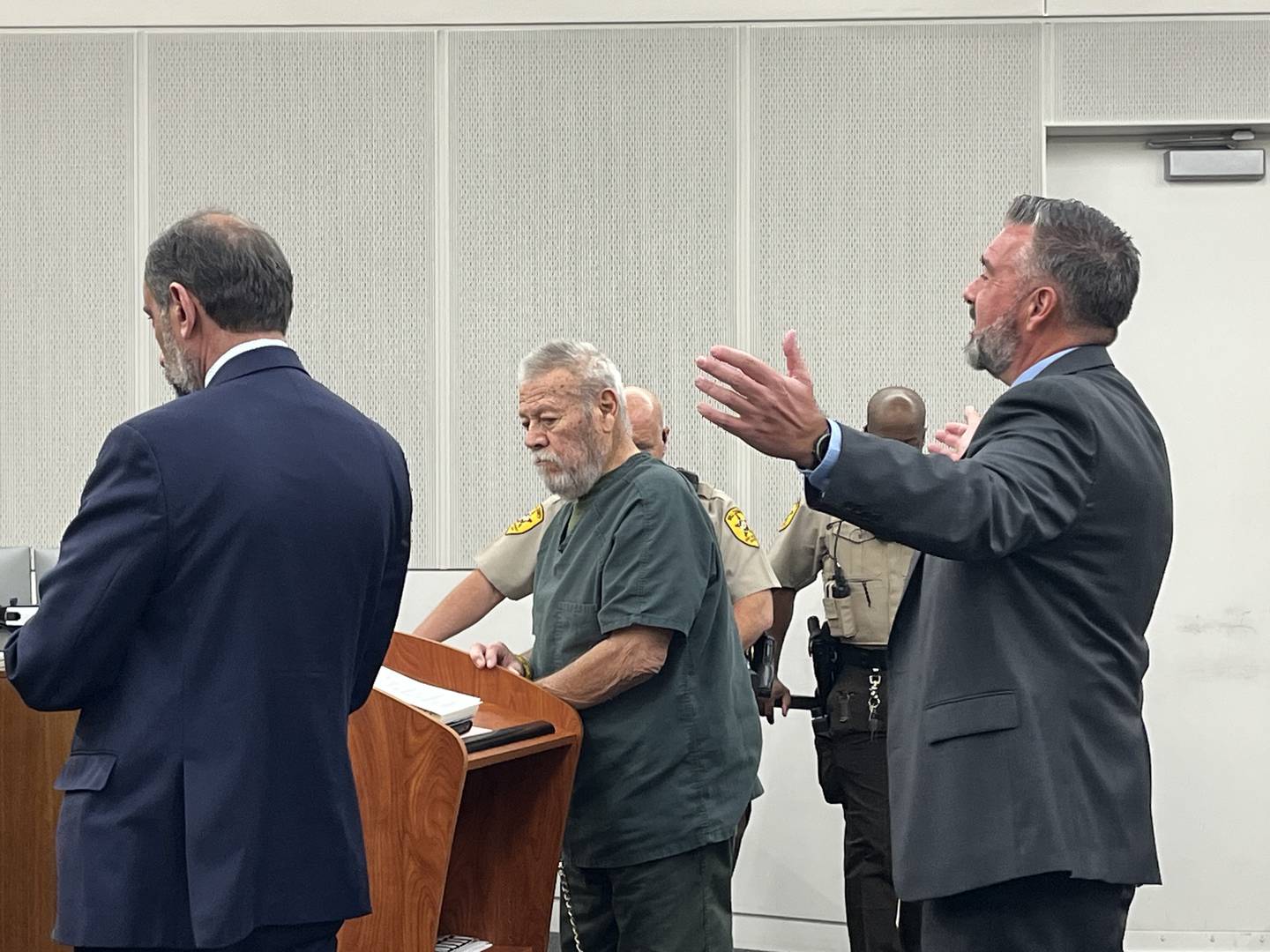 Gilbert Bernal, 82, stands with his attorneys, John Fotopoulos (left) and Dave Carlson (right), on Wednesday, Jan. 28, 2025, at the Will County Courthouse in Joliet.