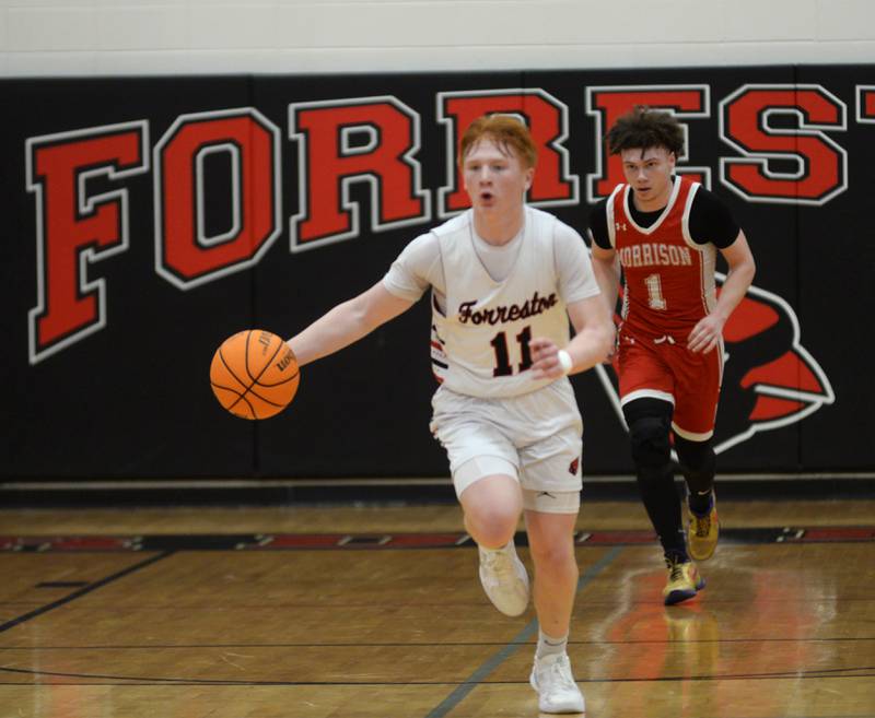 Forreston's Connor Politsch (11) brings the ball up the court against Morrison during a Saturday, Feb. 8, 2025 game at Forreston High School. The Cardinals won the game 70-49.