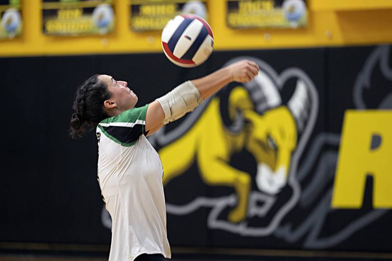 Rock Falls’ Carli Kobbeman passes the ball against Oregon Tuesday, Oct. 24, 2023 at the Riverdale volleyball regional.
