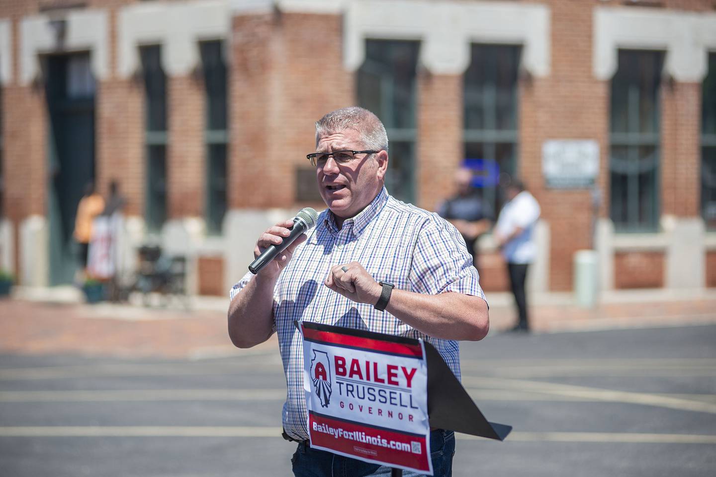 Gubernatorial candidate Darren Bailey speaks to a crowd in Amboy Friday, June 17, 2022 as he makes a campaign trip across northern Illinois. Bailey is on the republican ticket for this month’s primary.