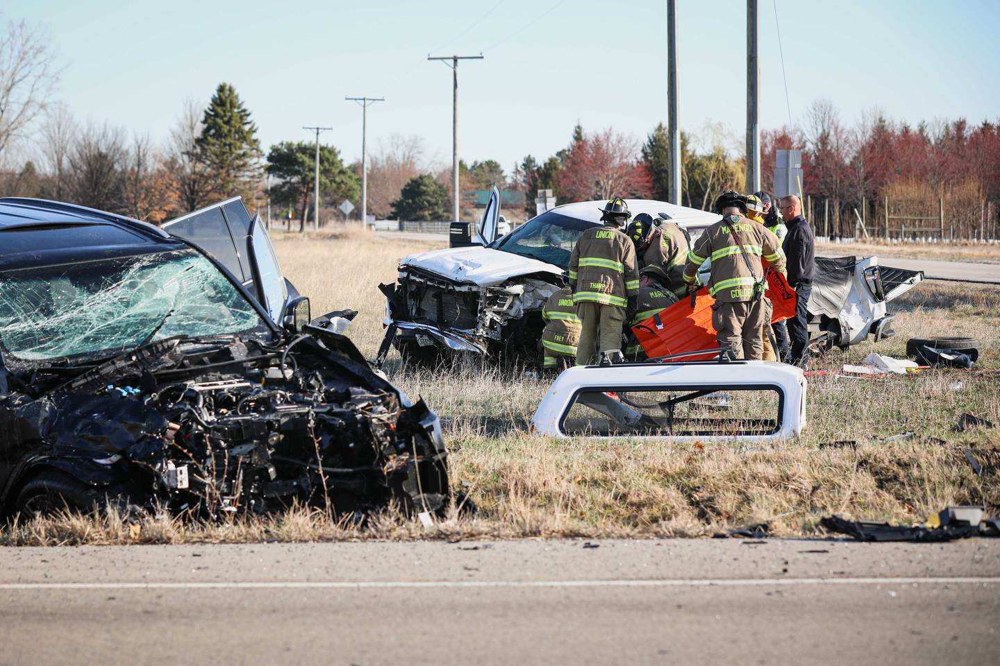 Crews from the Marengo Fire & Rescue Districts and Union Fire Protection District worked to cut a man out of his wrecked pickup truck following a crash Tuesday morning near Union.