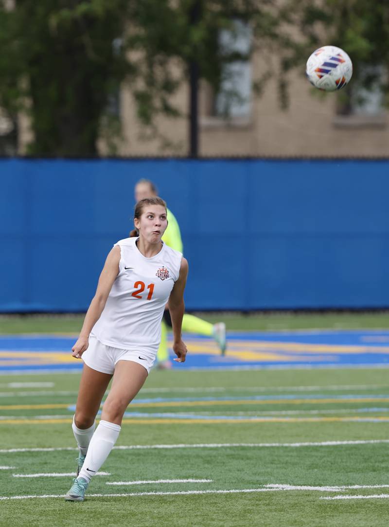 Crystal Lake Central's Kira Stavropoulos (21) tracks down the ball during the 2A girl's varsity supersectional soccer match between Crystal Lake South and St. Ignatius high schools on Tuesday, June 3, 2025 in Chicago.