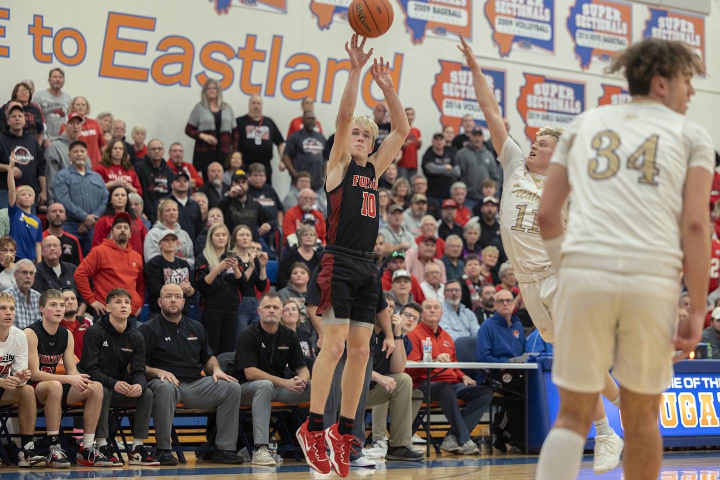 Fulton’s Trevor Tiesman puts up a three point shot against Pecatonica Tuesday, Feb. 28, 2023 in the Eastland 1A sectional semifinal.