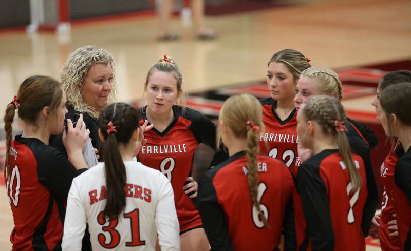 Earlville volleyball coach Tonya Scherer talks to her team on Tuesday, Aug. 29, 2023 at Earlville High School.