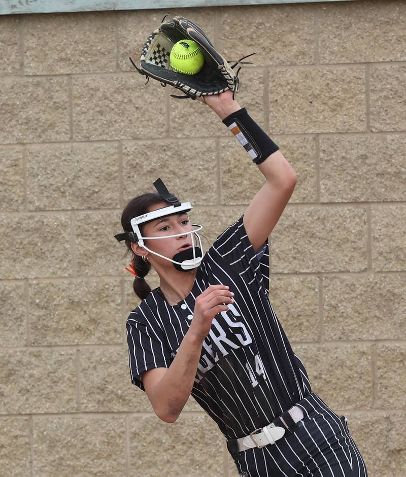 Crystal Lake Central's Lily Perocho catches a ball in foul territory Tuesday, June 3, 2025 during their Class 3A sectional semifinal game against Sycamore at Sycamore High School.