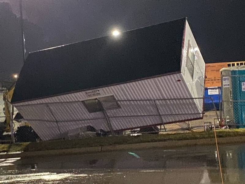 A construction trailer on the northwest corner of Main Street and Randall Road in Batavia by the retail area was blown over.