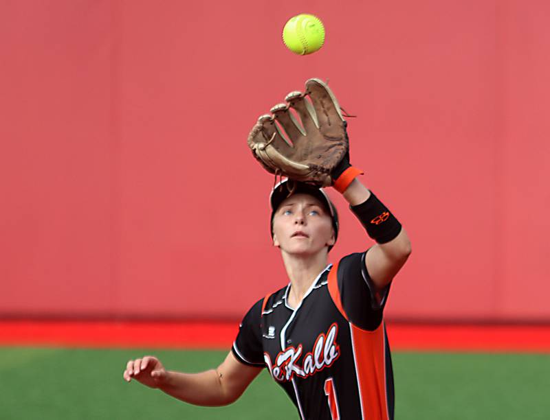 DeKalb’s Hazel Montavon ranges over to snag an infield fly again st Huntley in IHSA Class 4A Sectional Semifinal softball action at Barrington High School in Barrington on Wednesday, June 4, 2025.