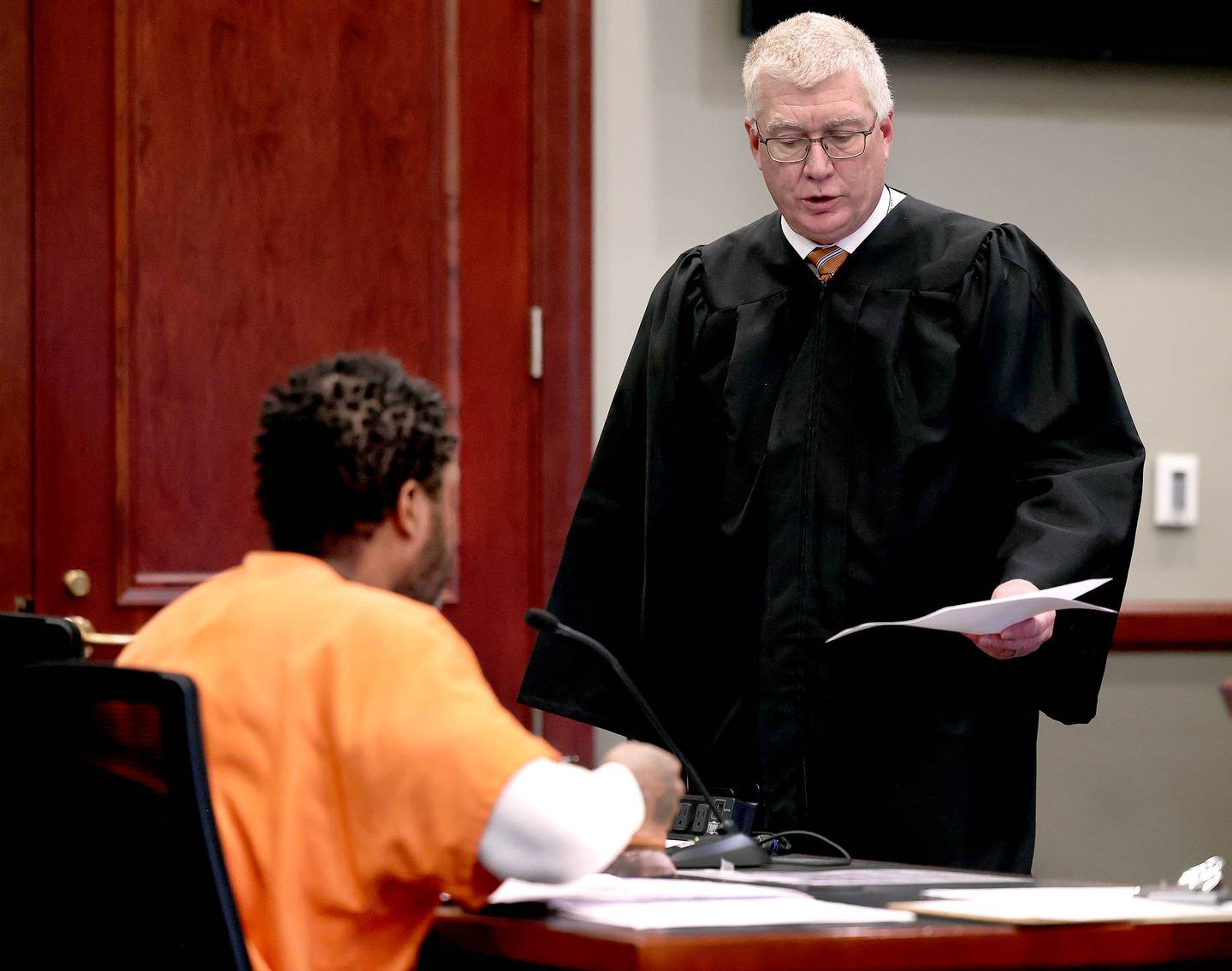 Matthew L. Martin receives some information from Circuit Court Judge Philip Montgomery during a pretrial hearing Thursday, April 3, 2025, at the DeKalb County Courthouse in Sycamore. Martin is charged with robbing a DeKalb bank in July 2024.
