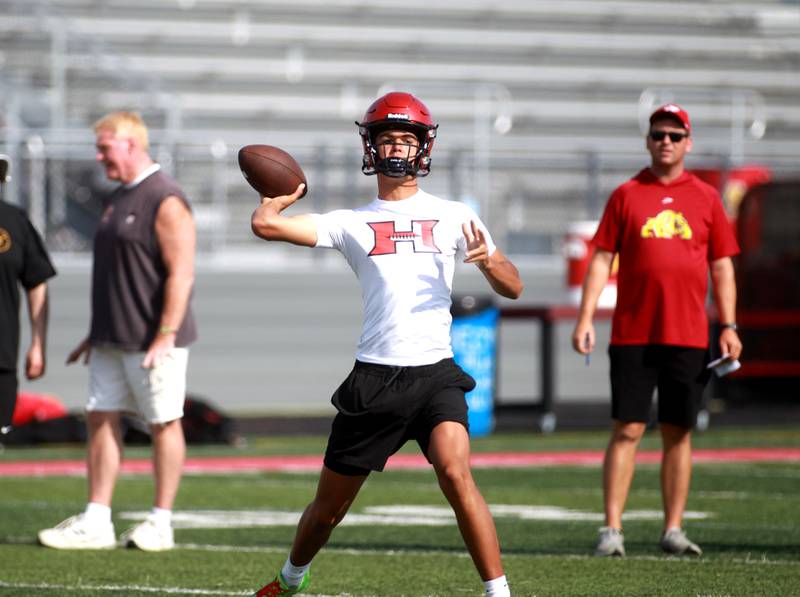 Huntley’s Malik Carter throws the ball during a 7 on 7 tournament on Thursday, July 10, 2025 at Batavia High School.