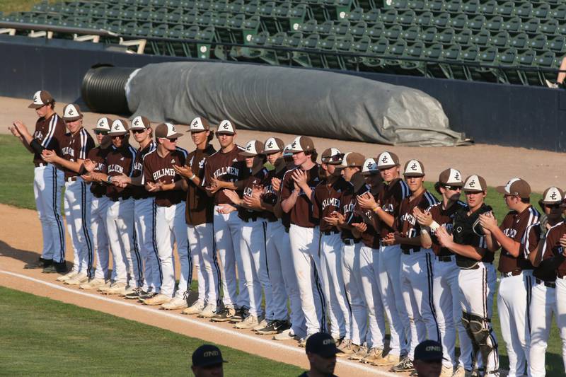 Members of the Joliet Catholic Academy baseball team are introduced before the Class 2A State semifinal game on Friday, June 2, 2023 at Dozer Park in Peoria.