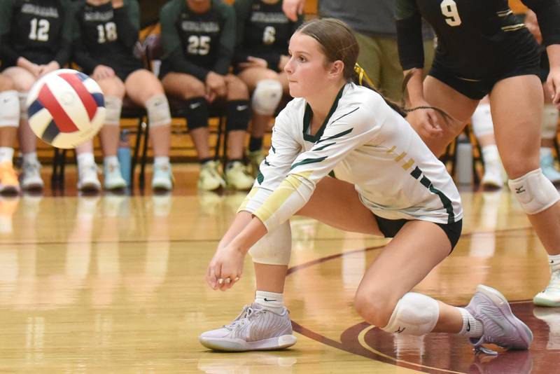 Bishop McNamara's Gianna Brosseau returns a Kankakee serve during an All-City game at Kankakee Wednesday, Sept. 3, 2025.