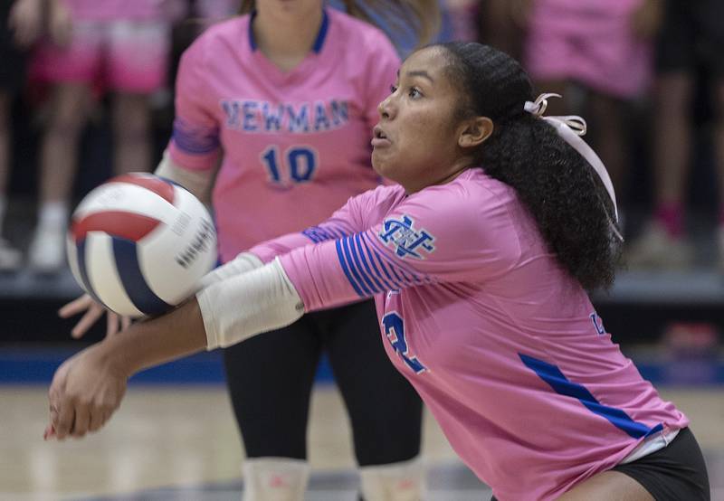 Newman’s Gisselle Martin makes a pass against Erie-Prophetstown Tuesday, Oct. 14, 2025.