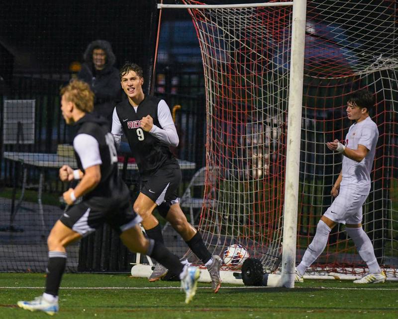 Prairie Ridge's Henry Knoll (9) celebrates a goal while taking on Benet Academy during the class 2A super sectional soccer match on Tuesday Nov. 5, 2024, held at Wheaton Academy in West Chicago.