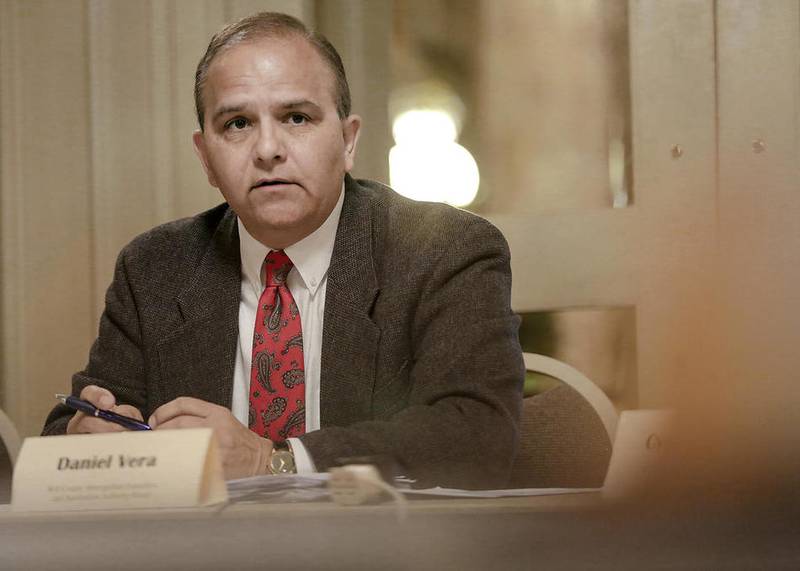 Dan Vera, chairman of the Rialto board, attends a meeting Monday at the theater in Joliet. Jack Ericksen, the Rialto's director of development, has been named interim general manager after Randy Green was placed on paid leave.