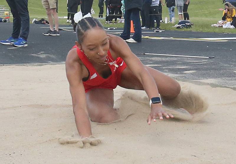 Ottawa's Trinity Casas competes in the long jump during the Class 2A Sectional track meet on Wednesday, May 13, 2026 in the Jeff Prusator Athletic Complex at Mendota High School.
