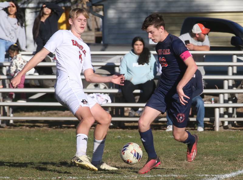 Earlville's Adam Waite gets in front of DePue/Hall's Ilan Bardot during the Class 1A Regional quarterfinal game on Wednesday, Oct. 16, 2024 in DePue.