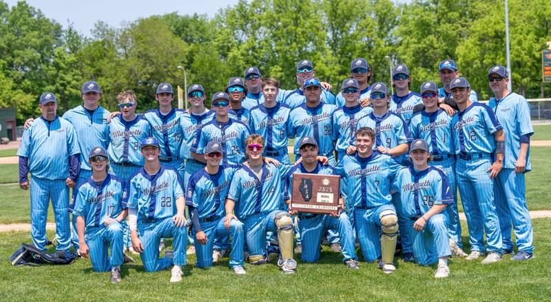 Marquette players and coaches pose for a team photo with their IHSA 1A Sectional trophy plaque at Trout Park in Elgin, IL on Saturday May 31st, 2025.  Both teams competed to take home the 1A Sectional Championship Trophy.  Final Score: Marquette 5, Aurora Christian 1