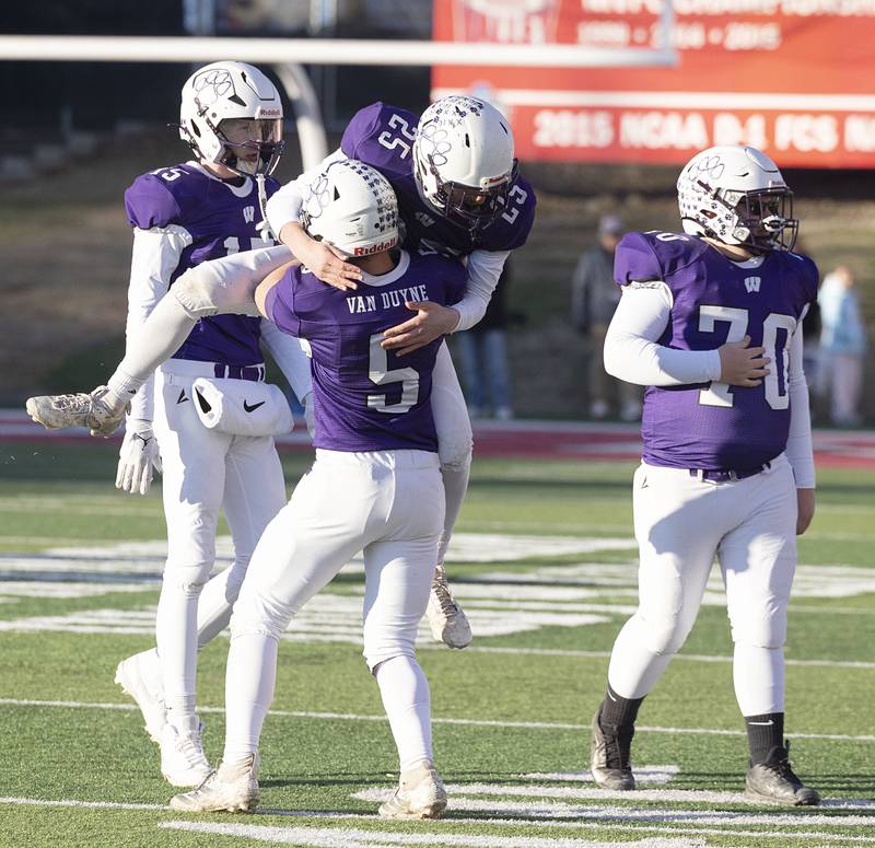 Wilmington celebrates their 42-6 win over Maroa-Forsyth Friday, Nov. 28, 2025, in the Class 2A football finals at Hancock Stadium at ISU.