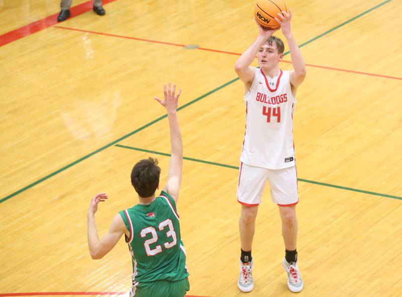 Streator's Nolan Lukach shoots a jump shot over L-P's Nick Olivero during the Class 3A Regional title game on Friday, Feb. 28, 2025 in Sellett Gymnasium at L-P High School.