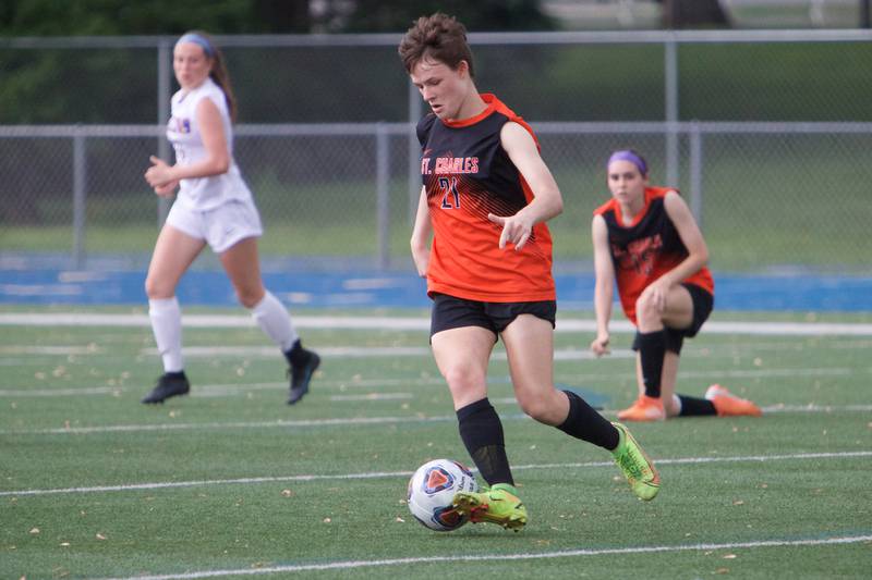 St. Charles East's Kara Machala looks to advance the ball against Wheaton North at the Class 3A Regional Final in Wheaton on May 20,2022.