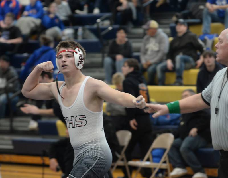 Fulton's Jeff Kane reacts after pinning Alden-Hebron's Logan Crowell in the 190-pound title bout at the Polo Wrestling Invitational on Saturday, Jan. 11, 2025 at Polo High School.