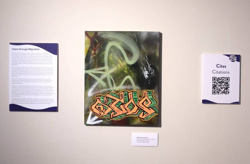 A piece entitled “24th and Laramie” by Aaron Robertson Wednesday, Sept. 18, 2024, that is part of the Arts in Action exhibition at the Ellwood House Museum in DeKalb. The exhibit features work by local Latino artists and runs through the end of the year.