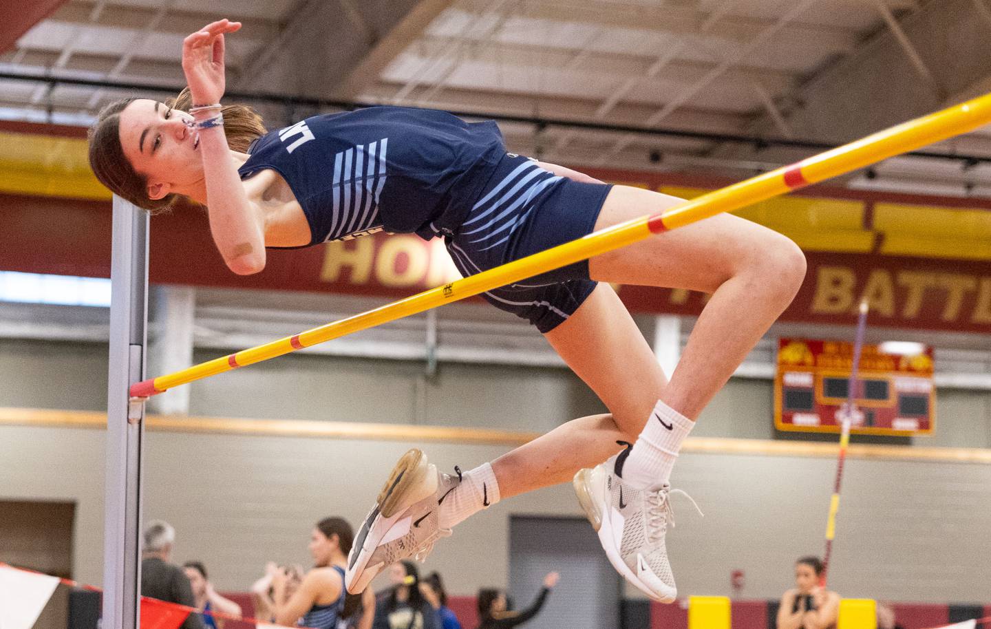 Lake Park High School’s Oliva Stranz participates in the high jump event during the Girls Track and Field DuKane Conference Meet at Batavia High School on Saturday, March 22, 2025.