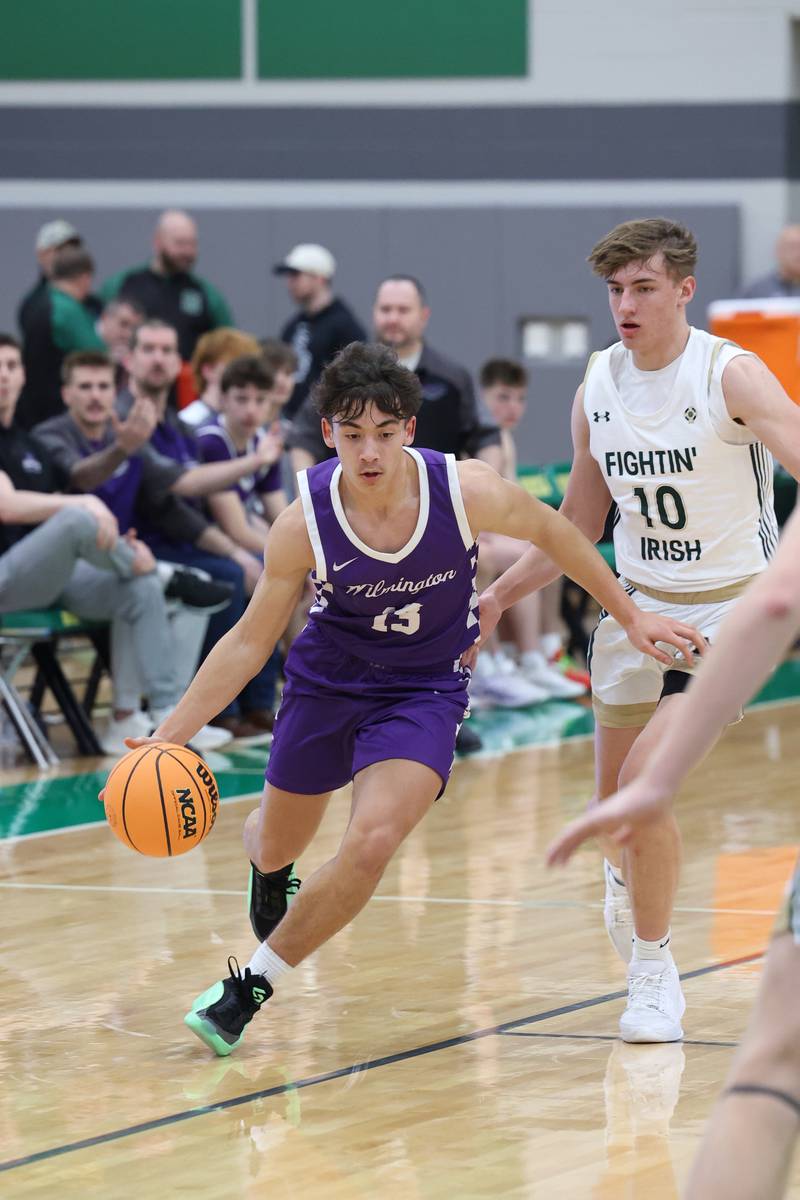 Wilmington's Hunter Kaitschuck brings the ball up during Bishop McNamara's 61-24 victory over Wilmington in the IHSA Class 2A Seneca Sectional semifinal on Tuesday, March 3, 2026.
